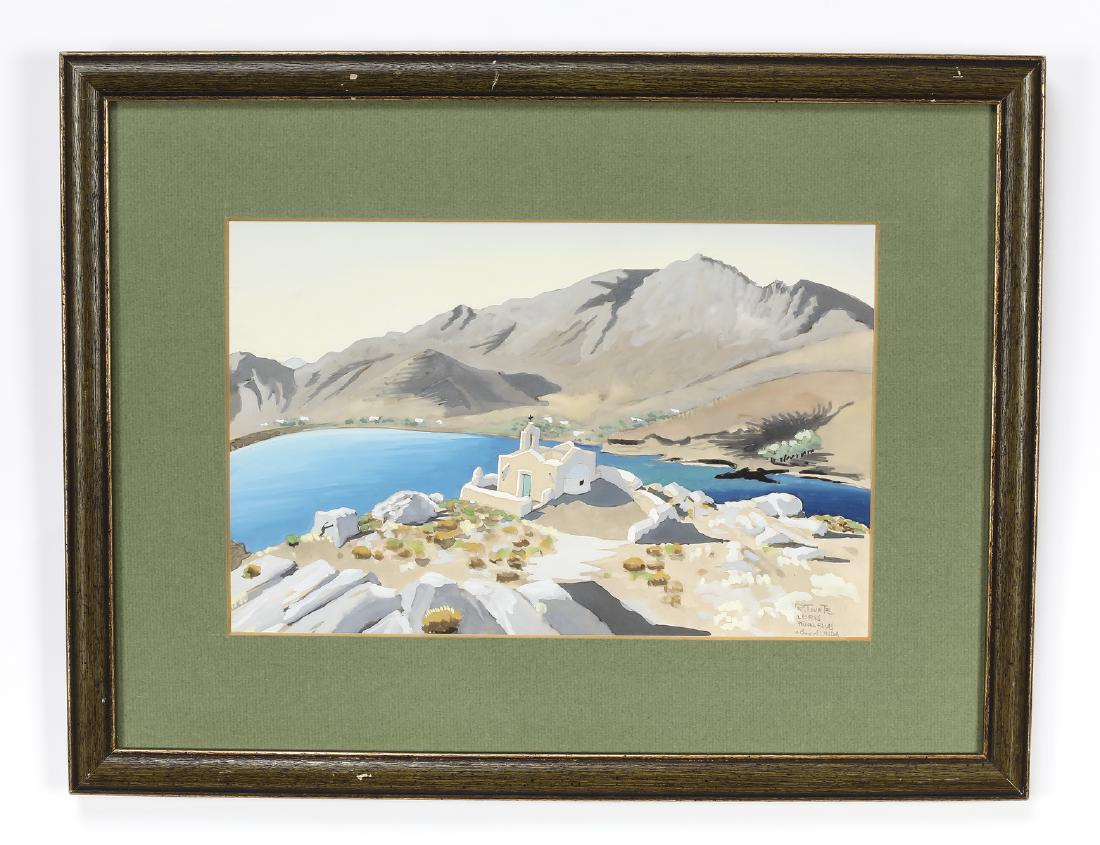 R. Tourte signed gouache of the Greek Island of Leros: Roger Tourte (French, 1903-1972), gouache on brown paper depicting the chapel of Prophet Elias on the Greek island of Leros, artist signed and inscribed in pencil 'R. Tourte / Leros / Propho Elias / a