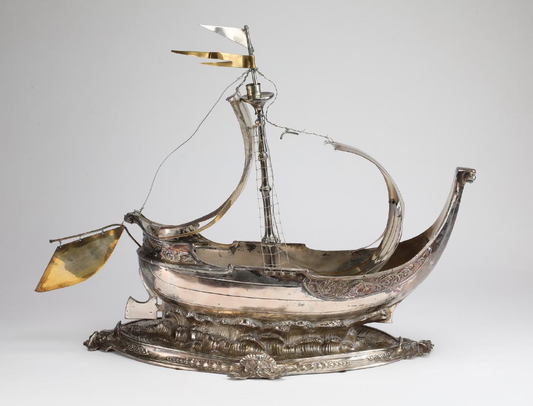 Silverplate, brass, & sterling Viking ship, 28"l (1 of 8)