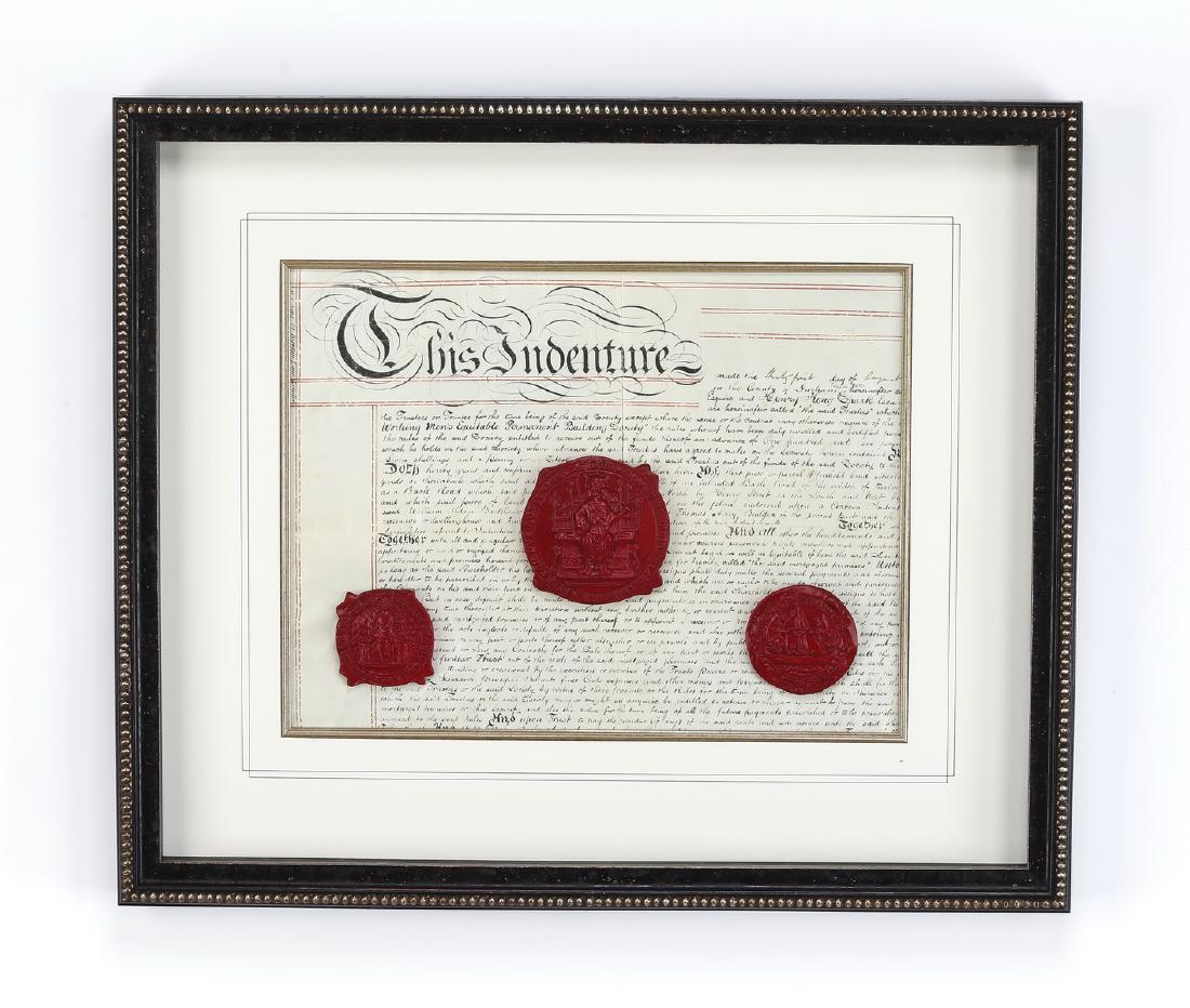 Print of English Indenture document w/three red seals (1 of 2)