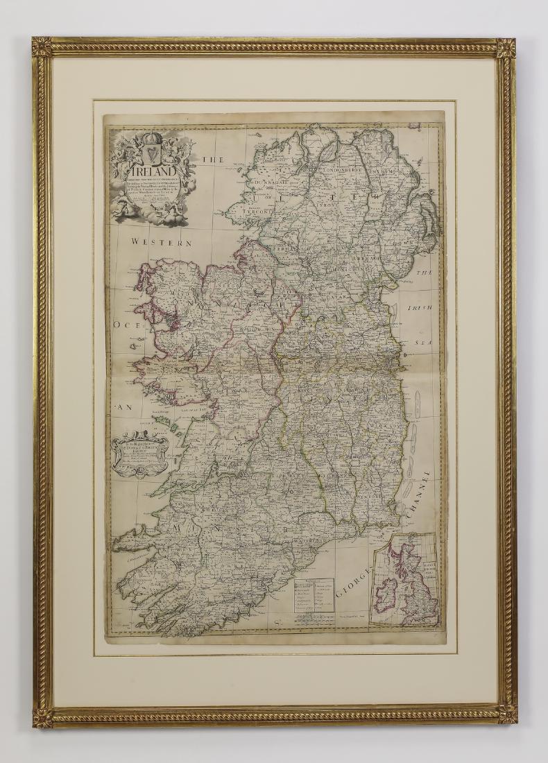 John Senex hand-colored map of Ireland, c.1712: John Senex (English, 1678-1740), hand colored map of Ireland 'corrected from the latest observations etc.,' printed in London, 1712, inset with map of the British Isles at lower left, 39"h x 26.5"w si