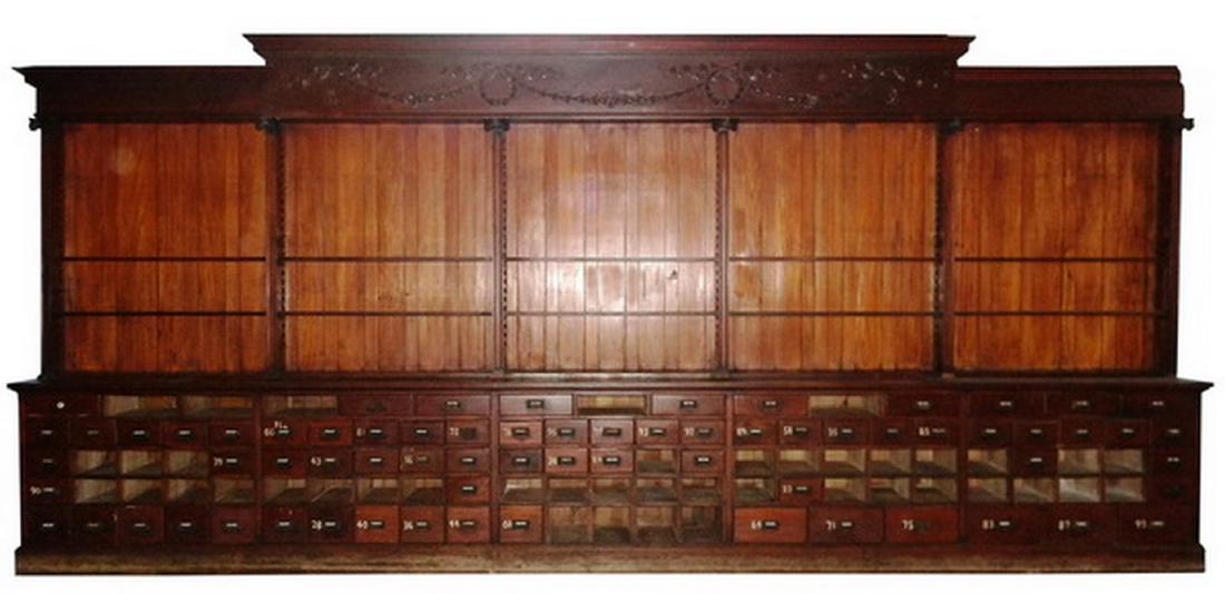 19th c. mahogany apothecary cabinet, 224" long (1 of 4)