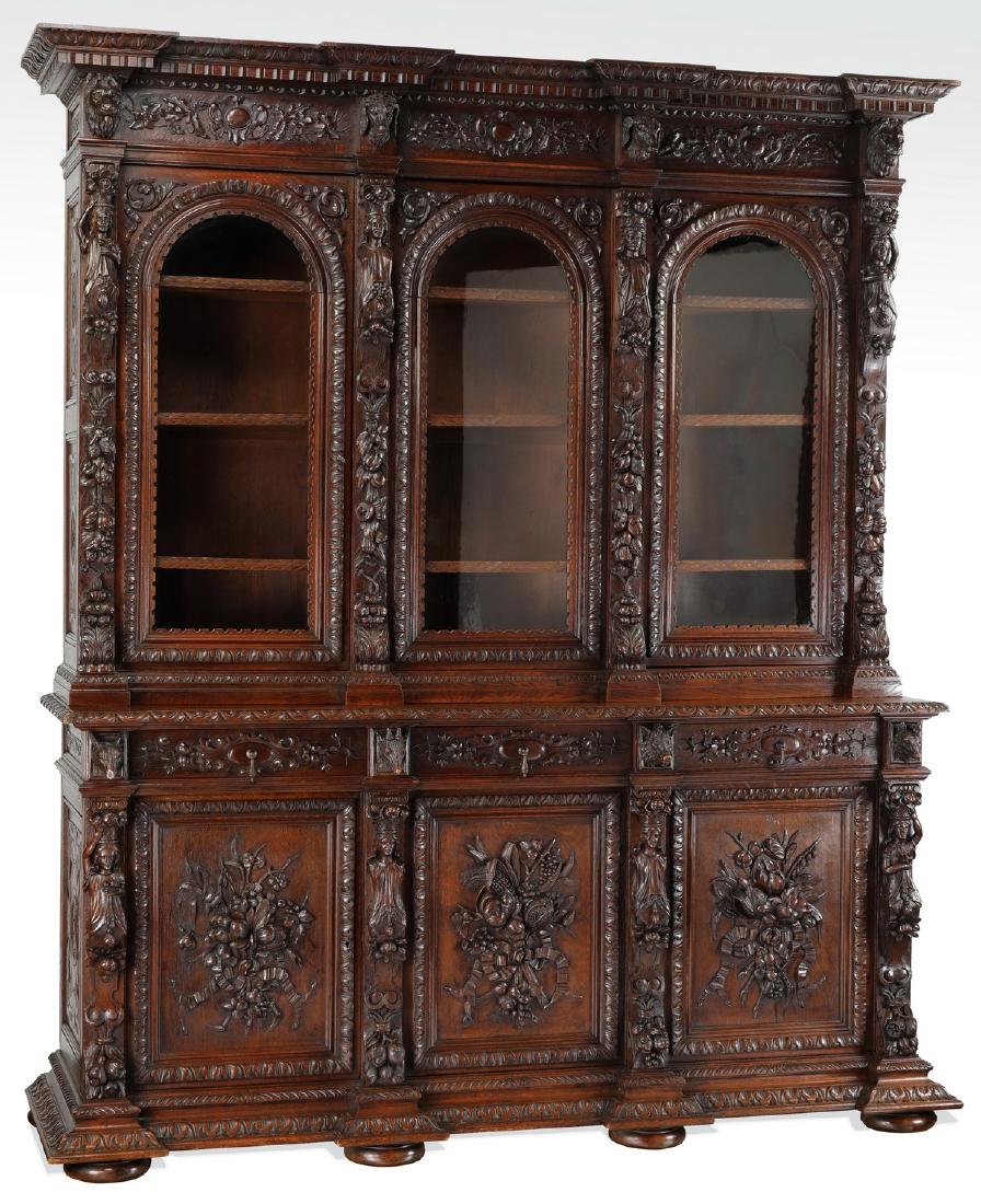 19th c. French carved oak bibliotheque, 99"h (1 of 7)