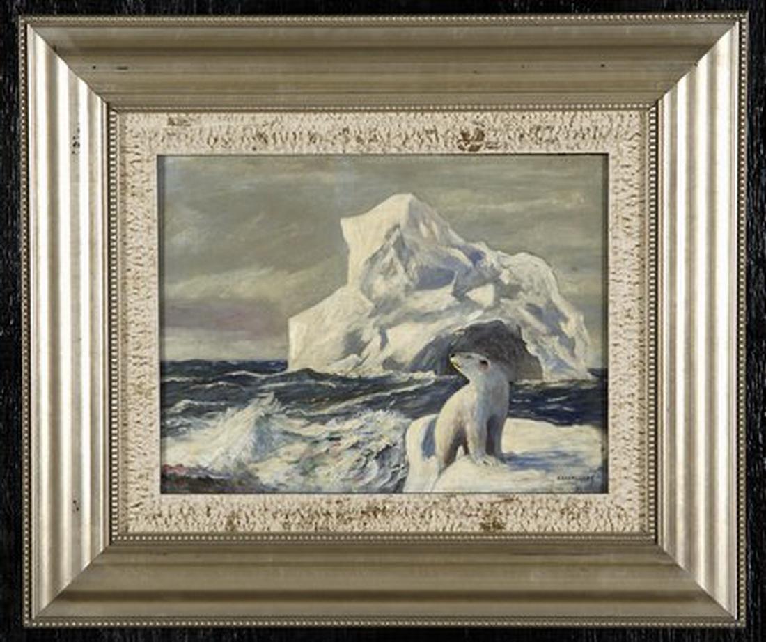 Early 20th c. O/b of polar bear, signed: Early 20th century Continental oil on board, depicting a naïve portrait of a polar bear standing on an ice floe beside crashing waves with a glacier beyond, artist signed 'C. Rasmussen' at lower righ