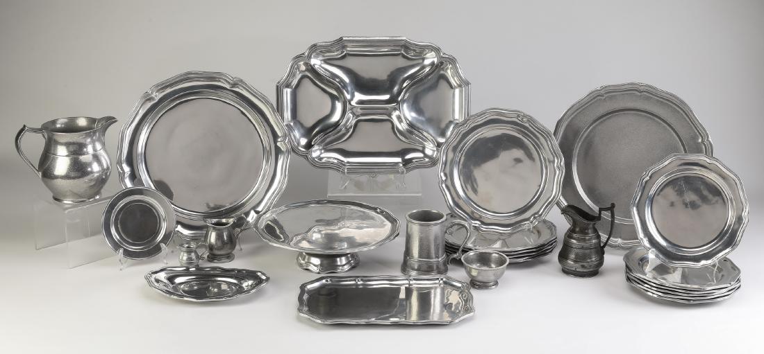 (25 pcs) Wilton Armetale holloware table accessories: Wilton Armetale holloware table accessories, comprising (6) dinner plates 10.5"dia; (6) bread and butter plates, 7"dia; (1) mug 4.5"h; (1) 14" serving plate, (1) footed cake plate, (1) petite Revere s