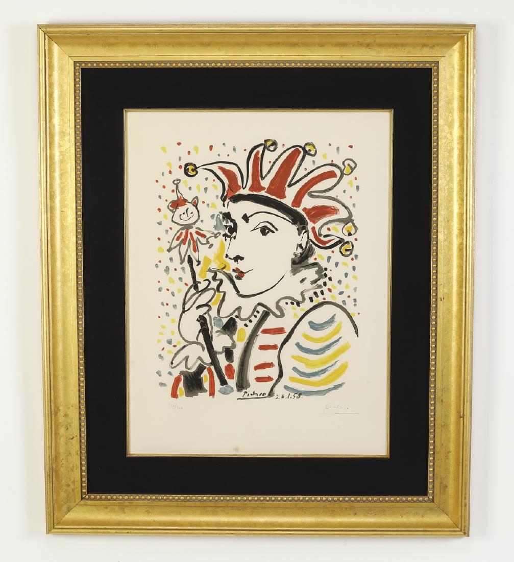 Pablo Picasso signed lithograph 'Carnival, 1958': Pablo Picasso (Spanish), lithograph in colors titled 'Carnival,' after the original by the artist executed 1958, depicting a colorful portrait of a jester, artist signed in pencil 'Picasso' at lower r