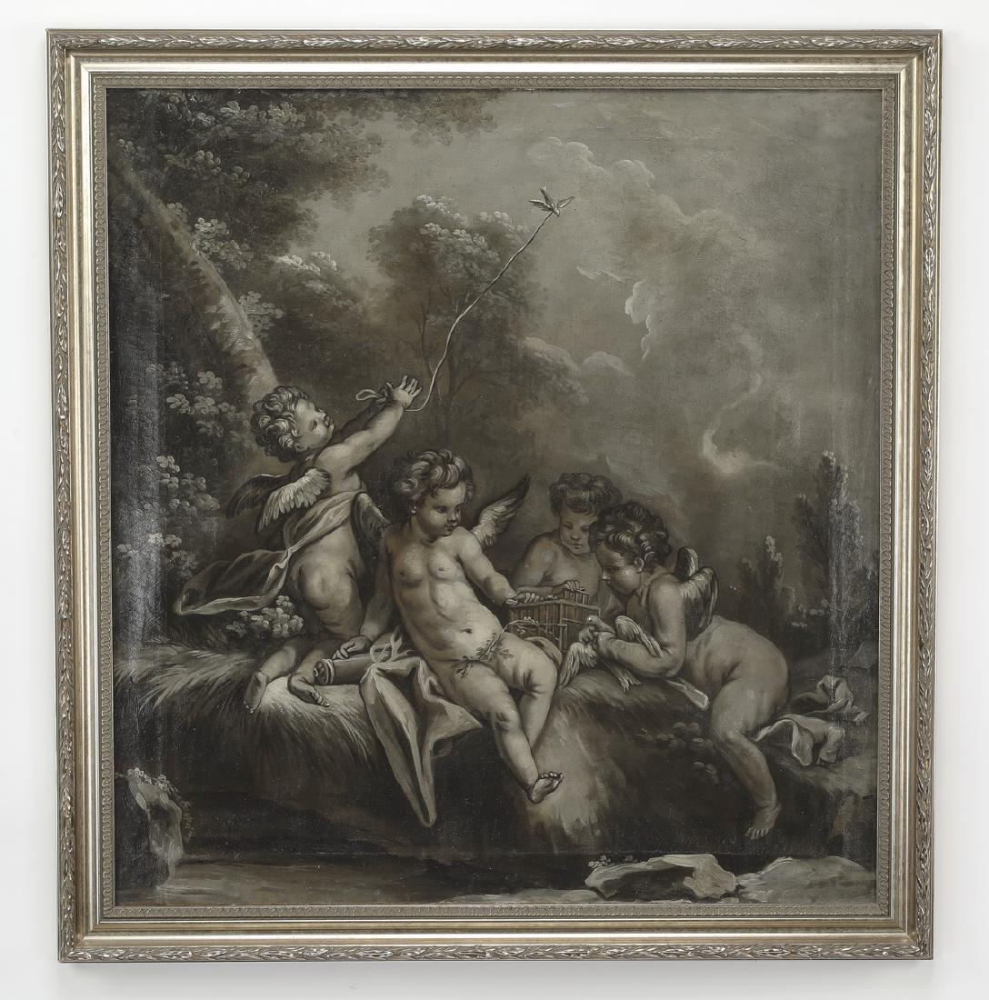 Continental O/c en grisaille of four putti & birds (1 of 3)