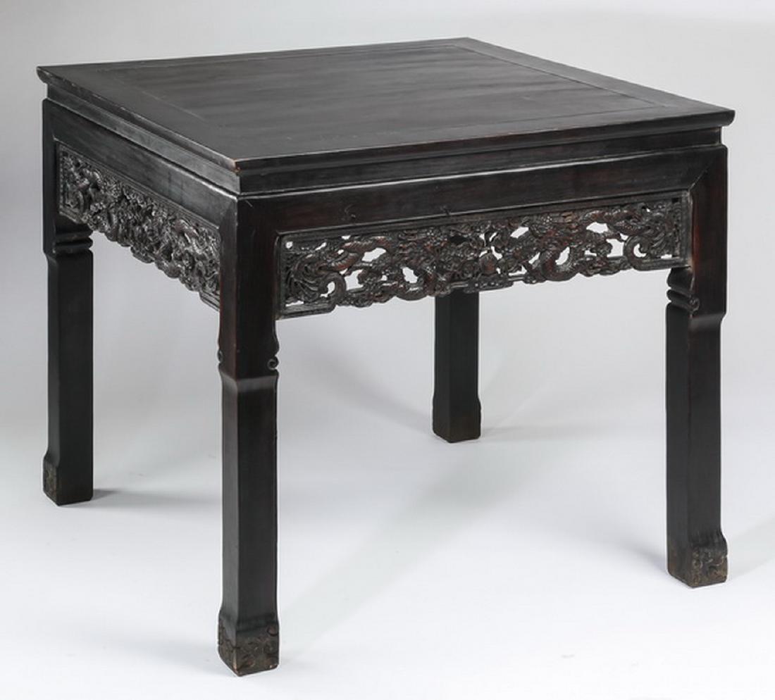 Chinese carved table w/ dragon panels, 37" square (1 of 10)