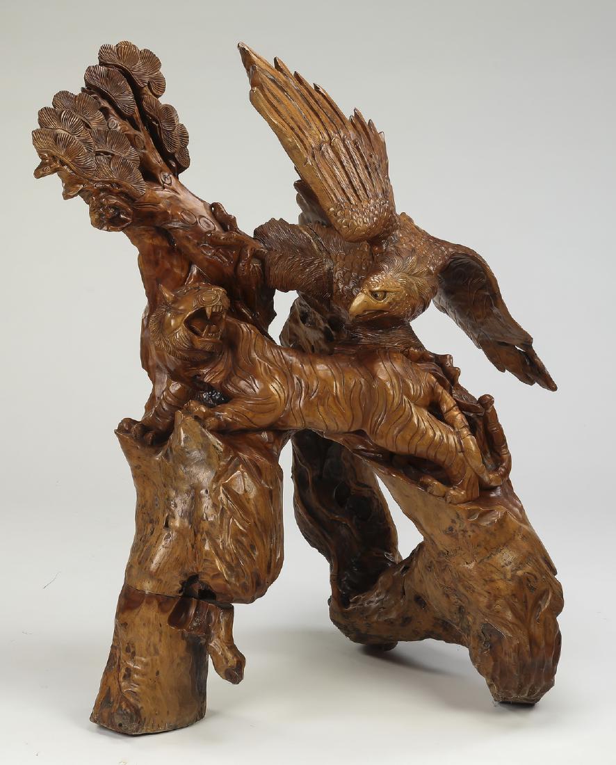 Burmese root sculpture of eagle and tiger, 56"h (1 of 5)