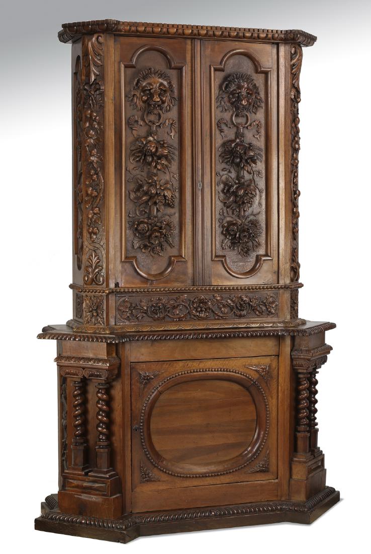 19th c. French carved walnut cabinet on stand, 93"h (1 of 9)