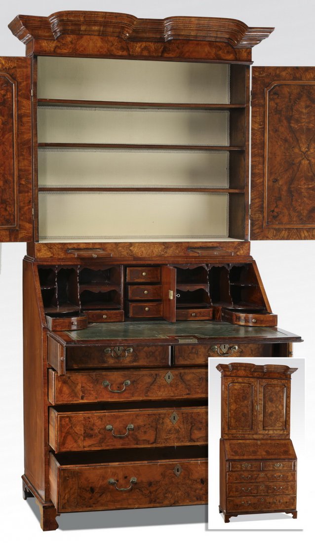 19th c. English oyster walnut secretary,  89"h (1 of 4)