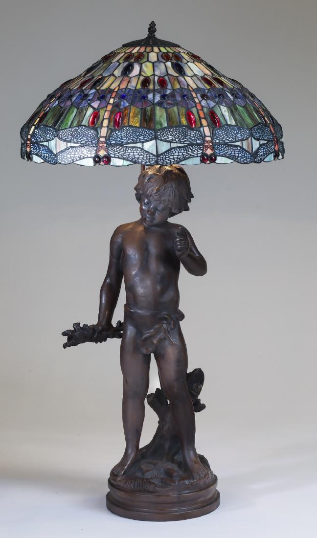 Patinated metal figural lamp w/ dragonfly shade, 42"h (1 of 4)