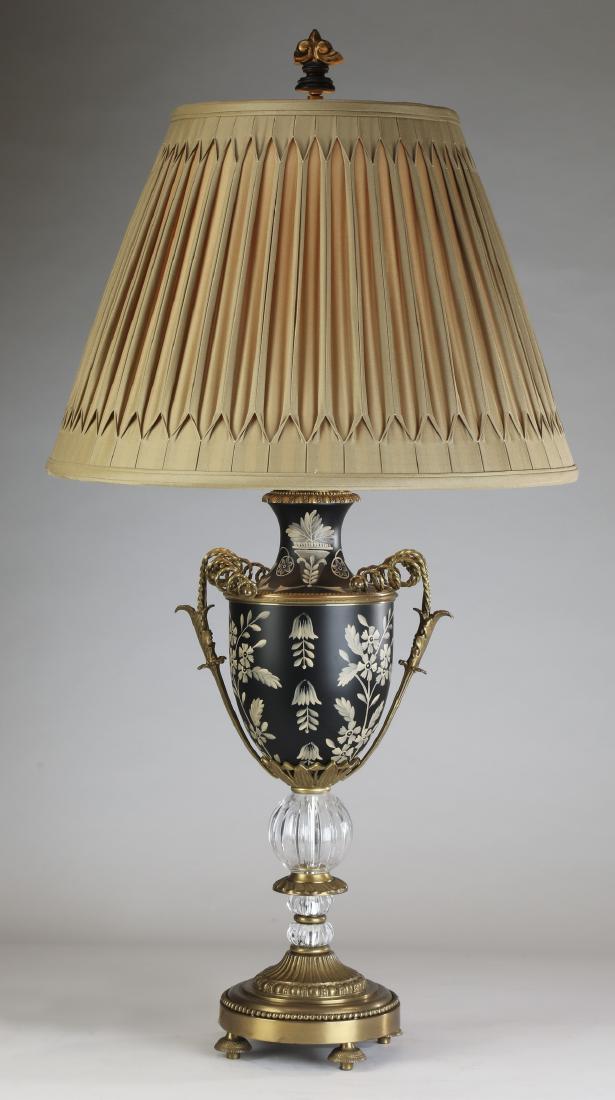 Empire style tole decorated lamp w/ shade, 38"h (1 of 2)