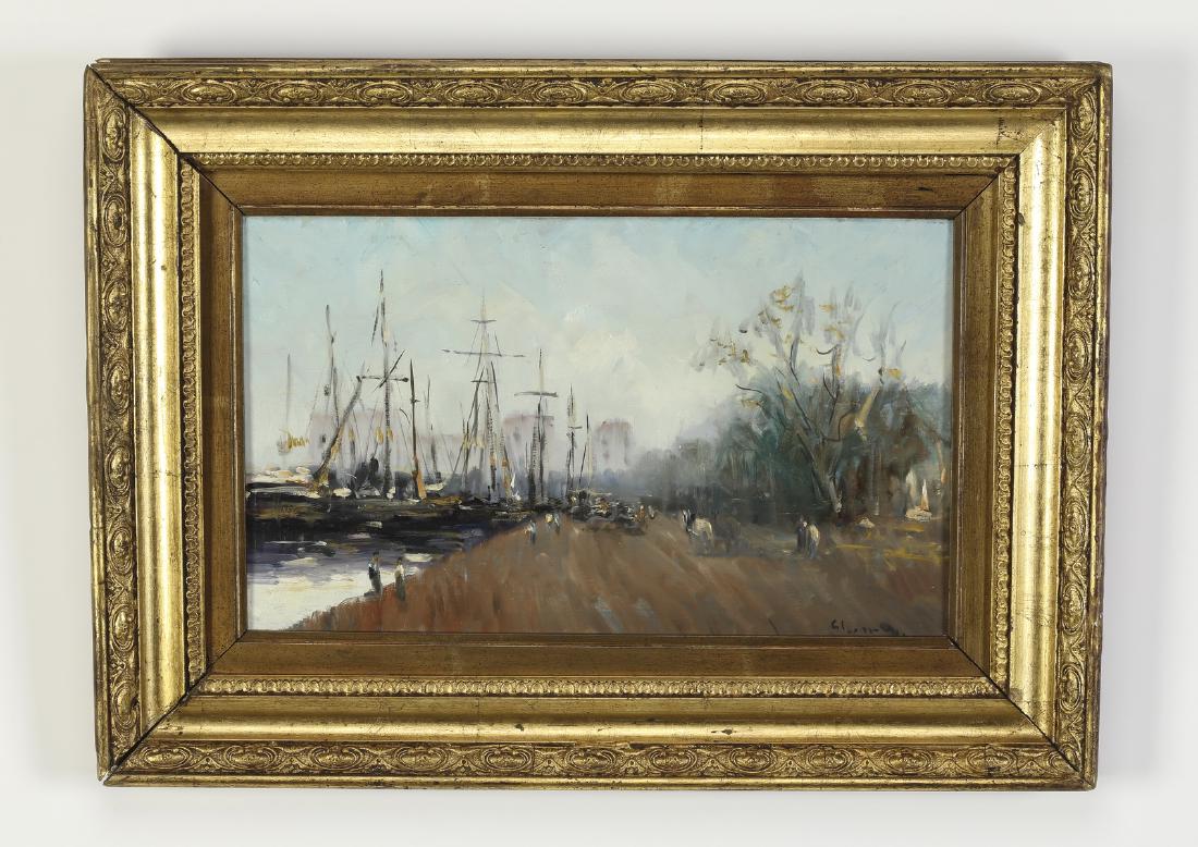 Impressionist style O/p of docked ships, signed (1 of 4)