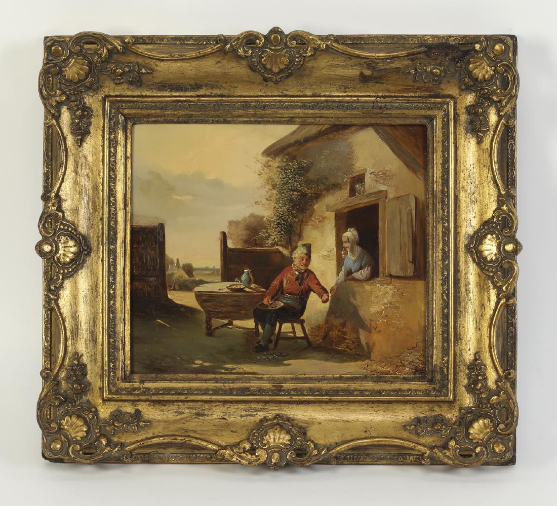 Willem Linnig signed O/p 'Outdoor Conversation': Â Willem Linnig the Elder (Belgian, 1819-1885), oil on panel titled 'Outdoor Conversation,' depicting an elderly gentleman in peasant dress seated outside a country house, conversing with a woman ne