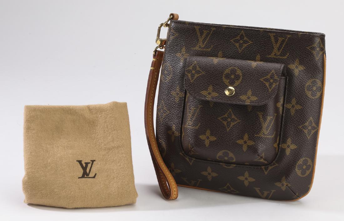 Louis Vuitton 'Partition Wristlet' with dust bag: Louis Vuitton brown monogram 'Partition Wristlet', with vachetta strap, zip closure at the top, single front pocket with snap closure, and red interior, 7"h x 7"w x 2"d, comes with branded dust bag.