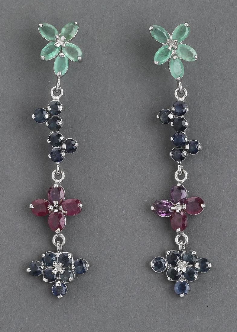 Sterling silver & mulit-gem floral ear pendants (1 of 2)