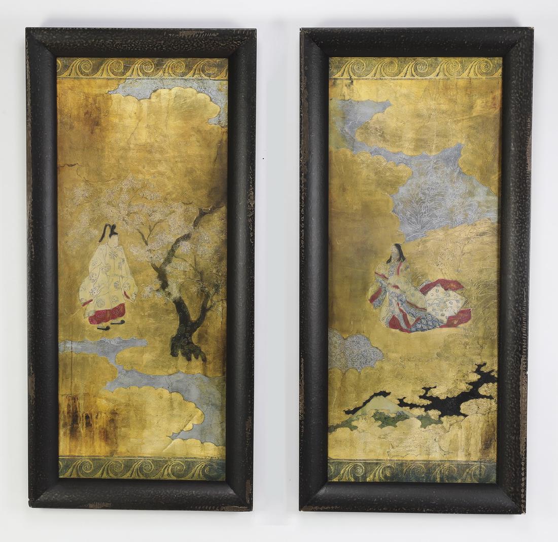 (2) Asian inspired decorative panels w/figures framed (1 of 4)