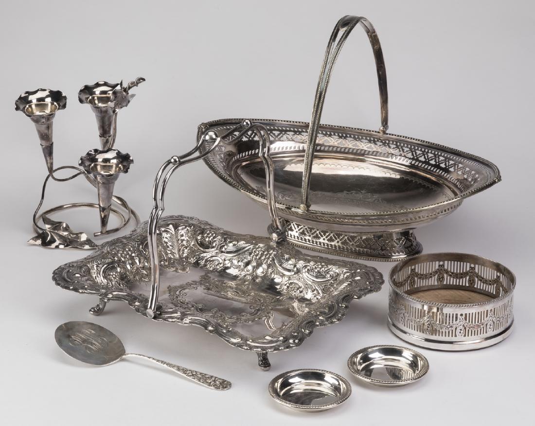 (7) Pcs sterling & silverplate table articles: Seven pieces of sterling and silverplate, comprising a Baltimore Silver Co. (Schofield) sterling repousse pastry server, having an etched monogram on the round blade, 7.5"l and weighing 64 grams; an E