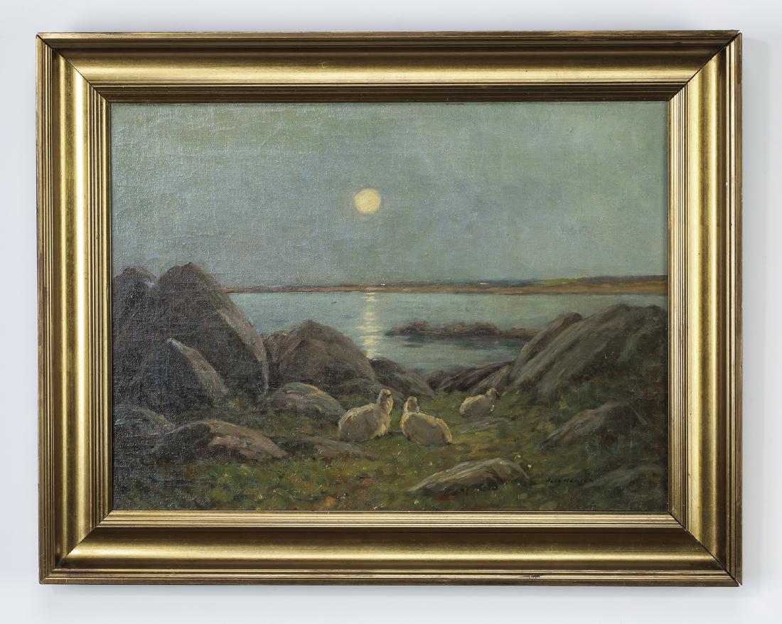 Early 20th c. Danish O/c of sheep on moonlit field (1 of 4)