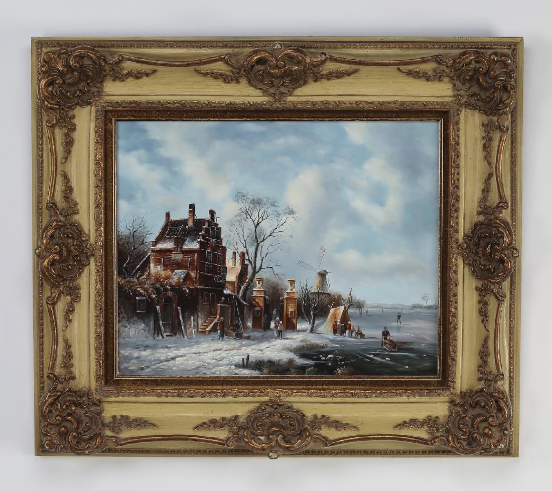 Dutch School O/b winter scene, pond w/ skaters,signed (1 of 4)