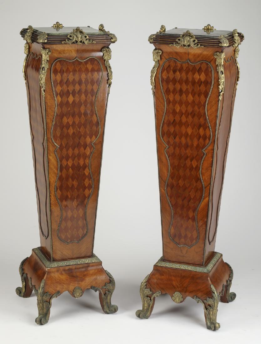 (2) Louis XV style marquetry pedestals w/marble tops (1 of 3)