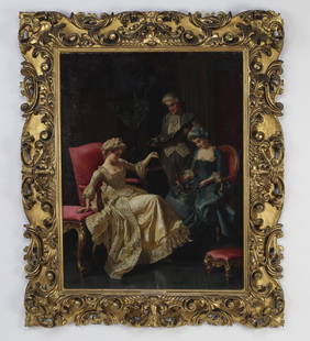 Pio Ricci signed O/c titled 'The Jewelry Merchant': Pio Ricci (Italian, 1850-1919), signed oil on canvas, titled 'The Jewelry Merchant' in a period giltwood frame, depicting a distinguished lady inspecting the wares of a jeweler and his assistant, 33.5