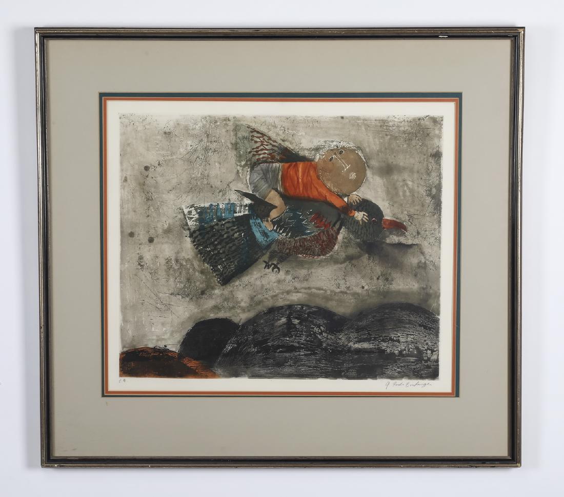 G. Rodo Boulanger signed lithograph of boy on bird (1 of 3)