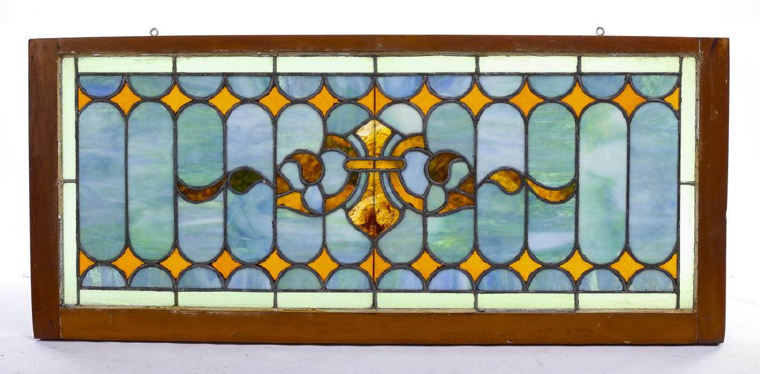 Early 20th c. colorful mosaic glass window, 44"w (1 of 2)