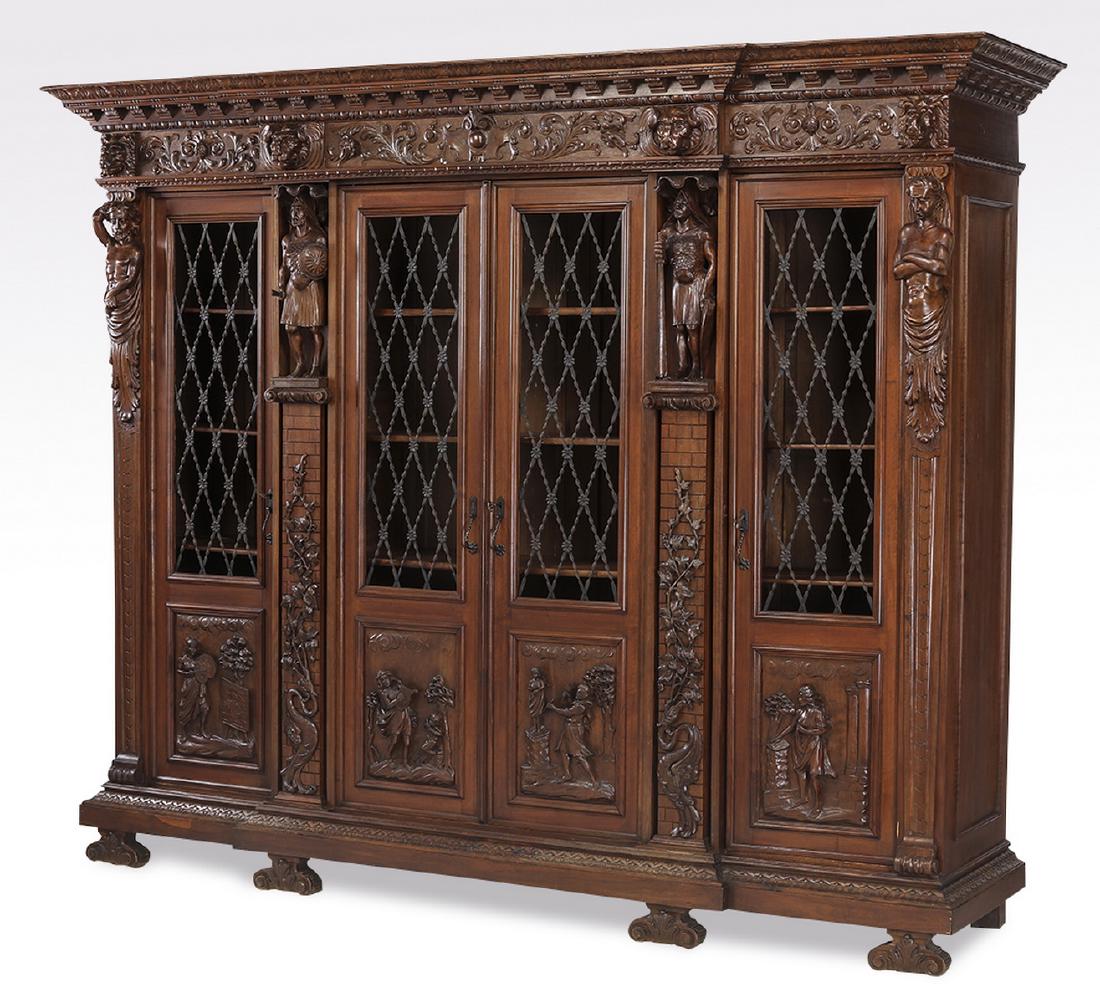 19th c.  Italian figural walnut cabinet, 100"w (1 of 10)