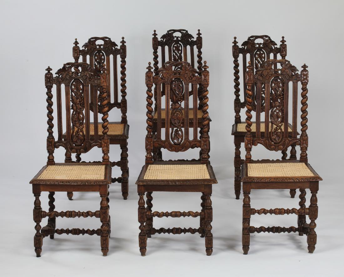 (6) 19th c.Jacobean Revival carved oak & cane chairs (1 of 5)