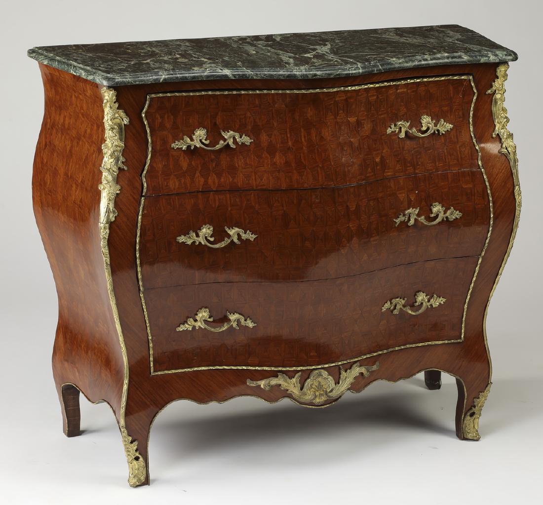 Louis XV style parquetry inlaid marble top commode (1 of 3)