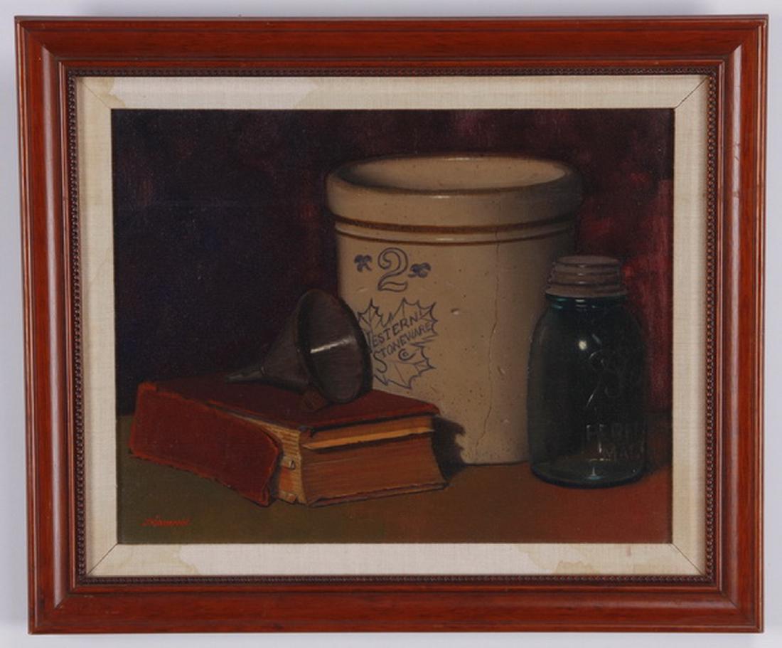 John Neumann signed O/c still life: Late 20th century oil on canvas still life, artist signed lower left J(ohn) Neumann, (American), 11"h x 14"w, overall size including frame 15"h x 18"w x .75"d.