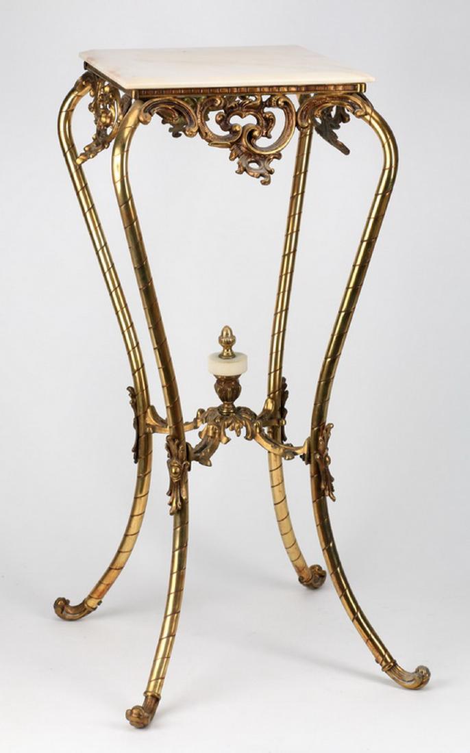 Rococo Revival marble top fern stand, 29"h: Rococo Revival fern stand, executed in marble and brass, having a square white marble top surmounting a pierced rocaille brass apron rising on inswept brass legs conjoined by a foliate stretcher with 