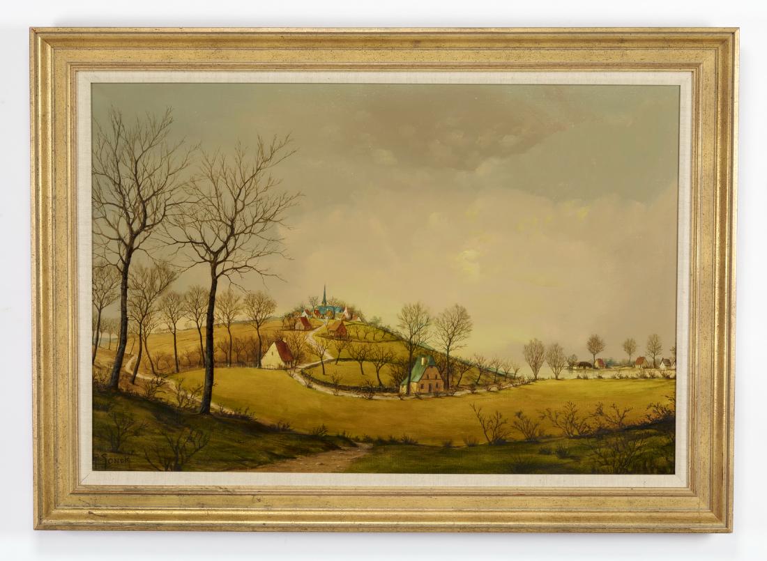 Early 20th c Dutch School pastoral O/c signed 'Sonck': Early 20th century Dutch School oil on canvas, depicting an autumnal landscape of a country village nestled in a grassy hillside, a church at the highest point with a river beyond, artist signed 'R. S