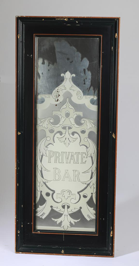 'PRIVATE BAR' acid etched mirror in polychrome frame: Acid etched mirror in a polychrome birch frame, of rectangular form, having a center cabochon with the legend 'PRIVATE BAR' surrounded in scroll work with acanthus accents; the mirror panel, 39.5"h x 