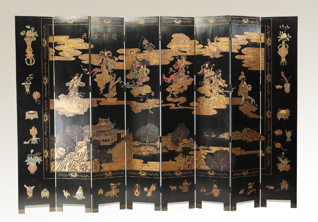 Maitland-Smith double sided lacquered screen, 96"h: Maitland-Smith double sided lacquered Coromandel Chinoiserie style folding screen, consisting of eight panels, one side depicting an Imperial court scene bordered in decorative Chinese vessels, the re