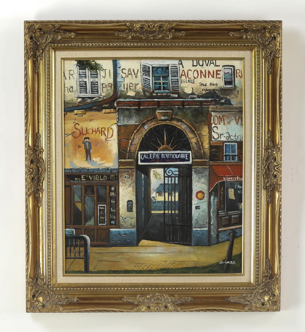 Continental style O/c Parisian store fronts: Continental School oil on canvas depicting Parisian shop fronts, signed 'Hommer' at the lower right, 19.5"h x 23.75"w; overall dimensions with frame 33"h x 28.5"w x 2.5"d.