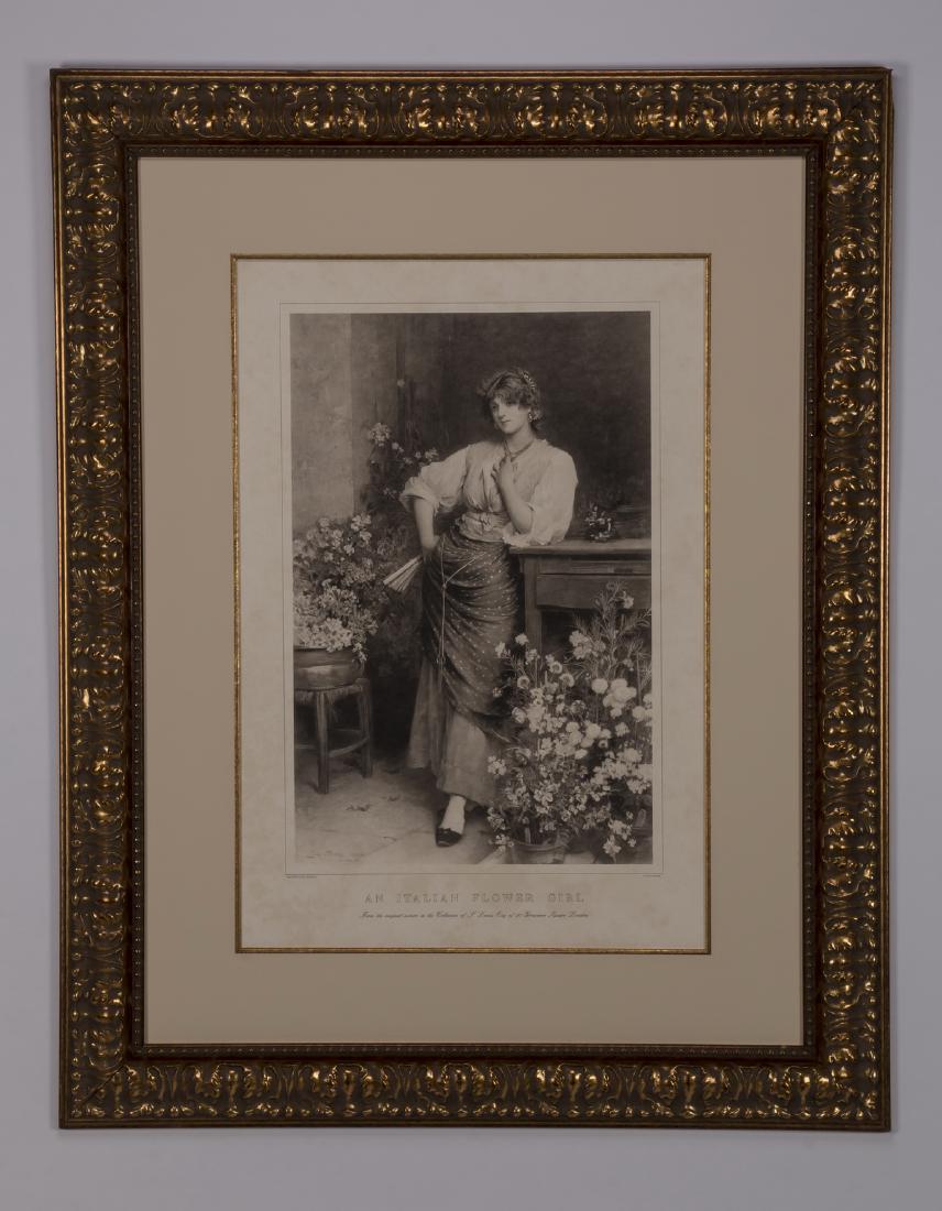 After Sir Luke Fildes 'Italian Flower Girl', 44"h: After Sir Samuel Luke Fildes (British, 1843-1927), 20th century print on paper titled 'An Italian Flower Girl,' depicting a maiden in peasant dress holding a fan and standing amongst her flowers, 28.5