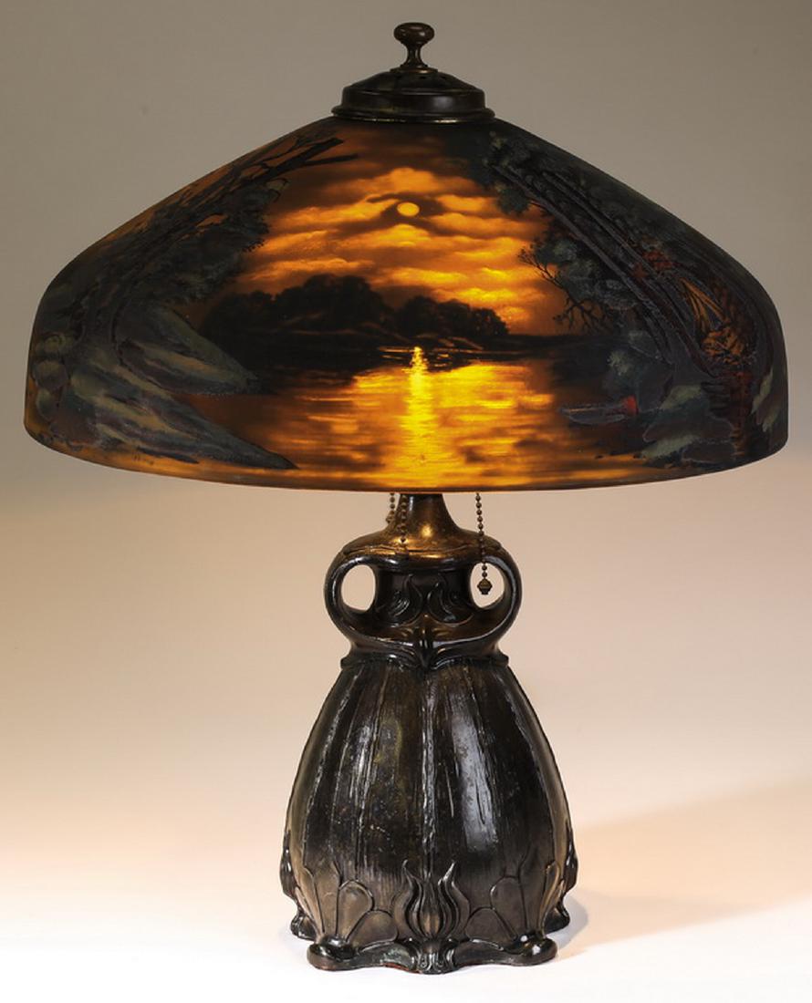 Pittsburgh reverse painted moonlit landscape lamp