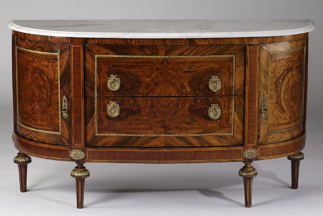 Early 20th c. Continental marble top inlaid commode: Early 20th century Continental bronze mounted marquetry inlaid marble top demi-lune commode, with two central drawers flanked by doors opening to storage, 31"h x 55"w x 16.5"d.