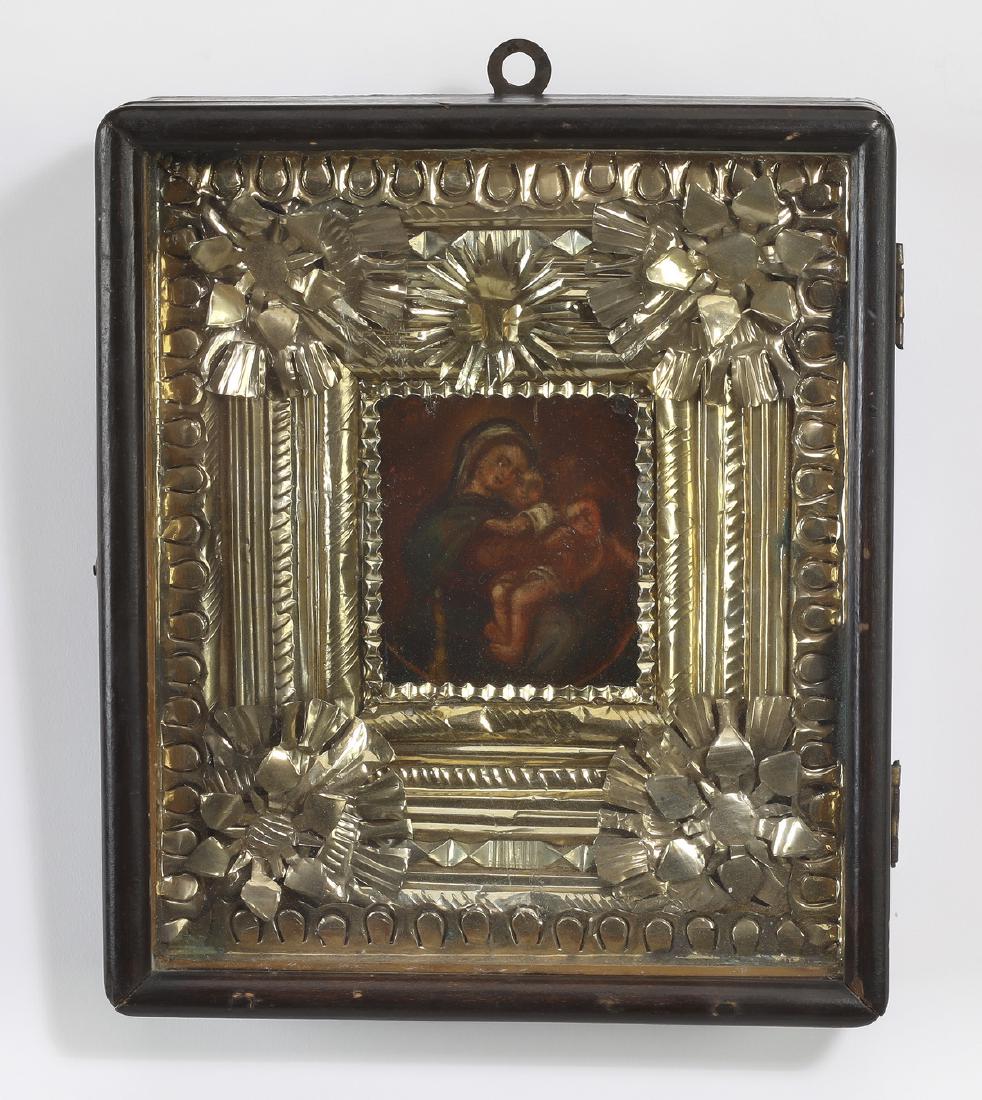 19th c. Orthodox icon of the Madonna della Sedia: Orthodox icon, 19th century, executed in oil on panel, depicting the Madonna della Sedia after Raphael, with a gilt metal insert enclosed in a wood and glass kiot, overall size including kiot 8.5"h x 