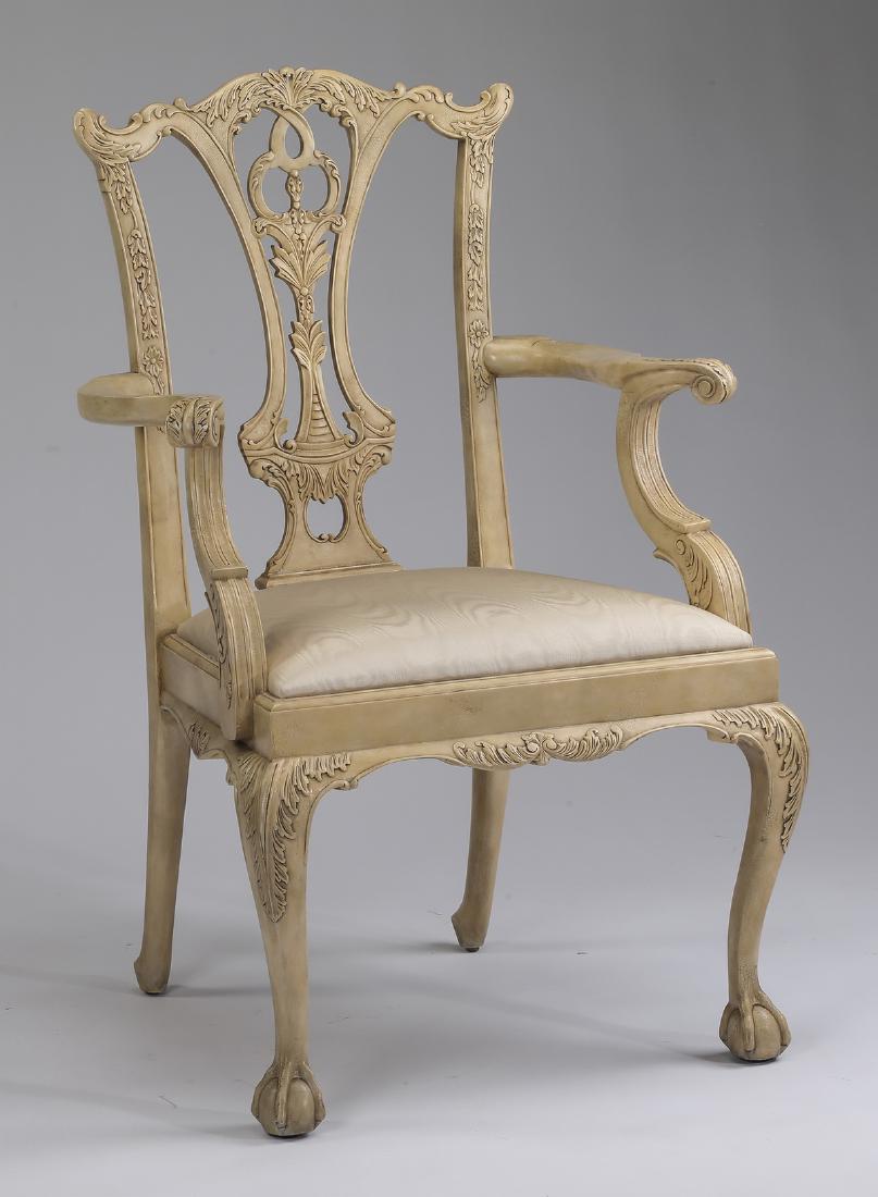 Maitland-Smith Chippendale style carved armchair: Maitland-Smith Chippendale style paint-decorated armchair, having Grindling Gibbons style carving to the scrolled crest over a pierced backsplat, flanked by S-curve arms with acanthus detail over the