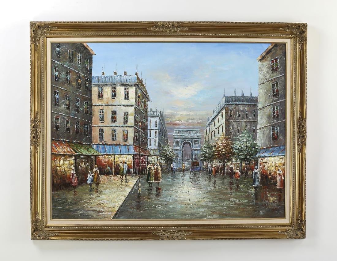 Oversized Continental style O/c Paris street scene: Continental School oil on canvas depicting a Parisian street scene with the Arc de Triomphe in the distance, with no visible signature, 35.5"h x 47.5"w, overall dimensions including frame, 45"h x 56"w