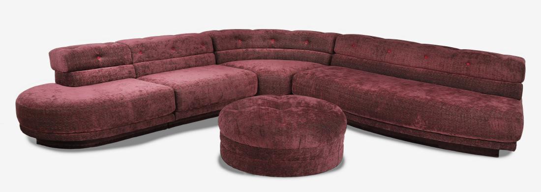 Roche Bobois style custom sofa & ottoman: Roche Bobois style custom made aubergine chenille 4-piece sectional sofa and ottoman, having an 'L' shape with a low button tufted back and rounded seat cushions; overall size, 27"h x 107"w x 103"d; i