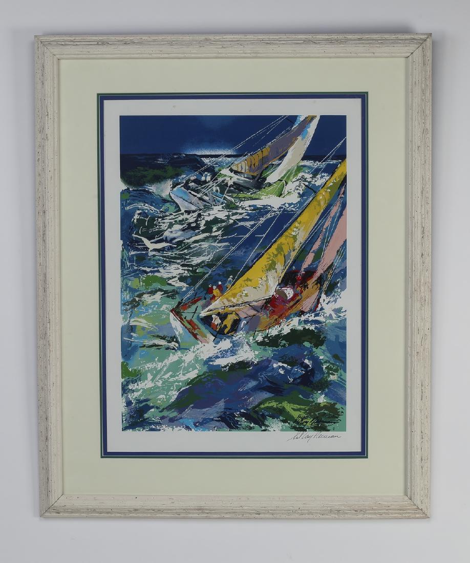 LeRoy Neiman signed giclee 'High Seas Sailling II': LeRoy Neiman (American, 1921-2012) signed giclee 'High Seas Sailling II' depicting two colorful sailboats navigating waves, signed in pencil lower right, custom matted and framed, 29"h x 22"w sight of