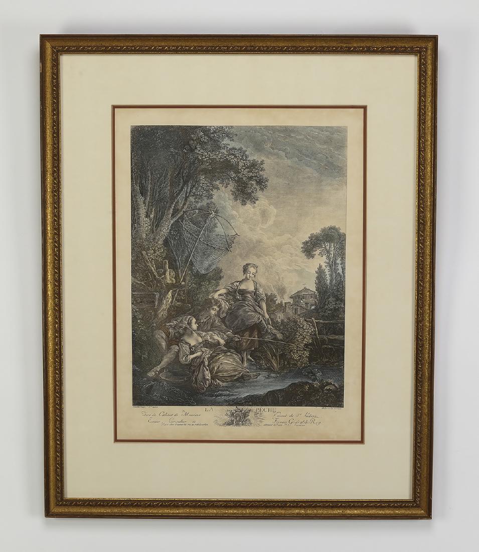 After Francois Boucher framed hand-colored engraving: After François Boucher (French, 1703-1770), a hand-colored engraving 'La Peche' of the painting 'Fishing' (1757), depicting a young man with a handmade rod cast into a river, with one woman lounging 