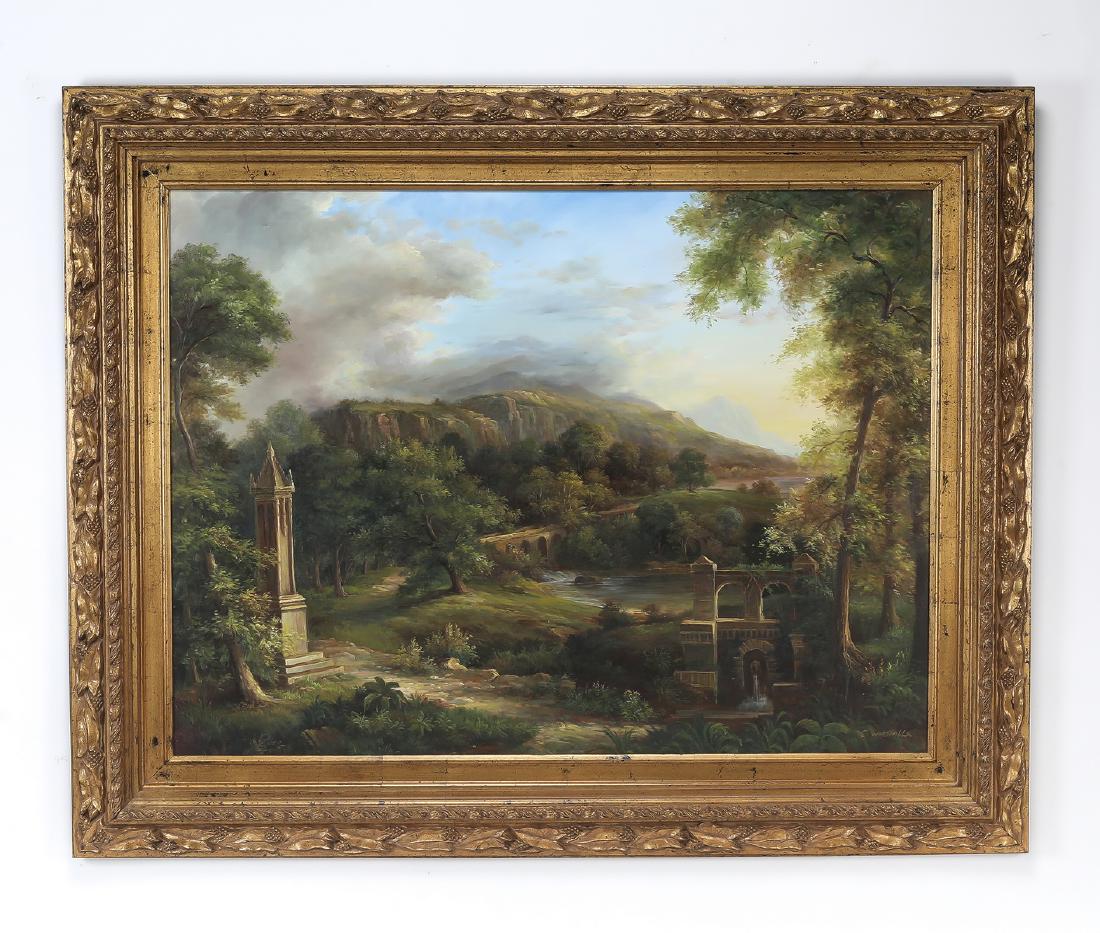 C. Woodville signed O/c pastoral landscape, 60"w: British School oil on canvas landscape, depicting a naturalistic landscape in the manner of John Constable, with ornate architectural features surrounded by lush greenery and a flowing river, signed "