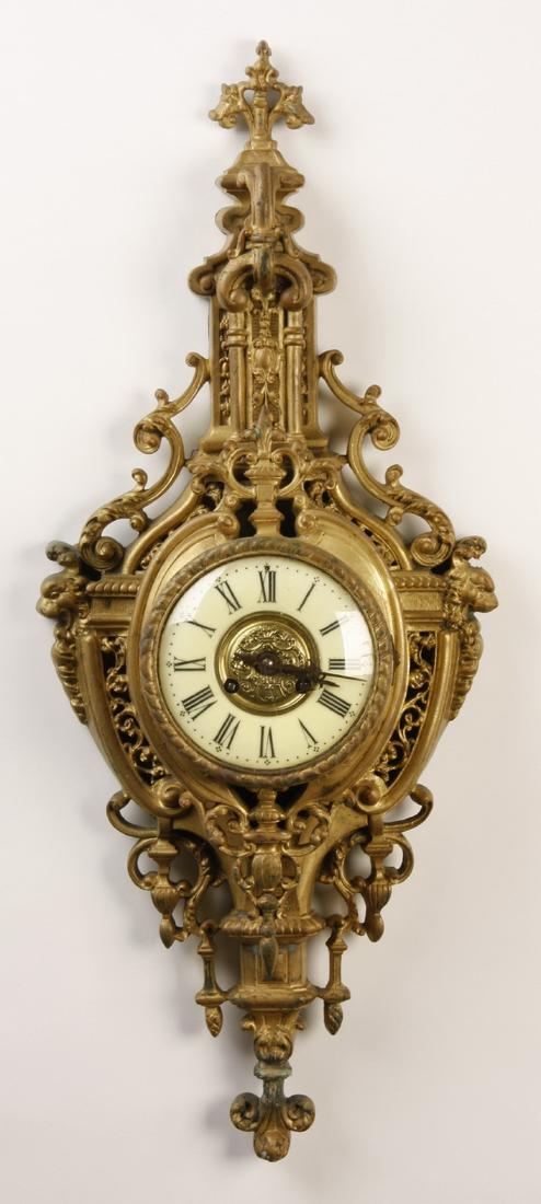 19th c. French gilt bronze cartel clock, 30"h: 19th century French Renaissance Revival gilt bronze cartel clock with extravangant foliate surrounds, 30"h x 12"w.