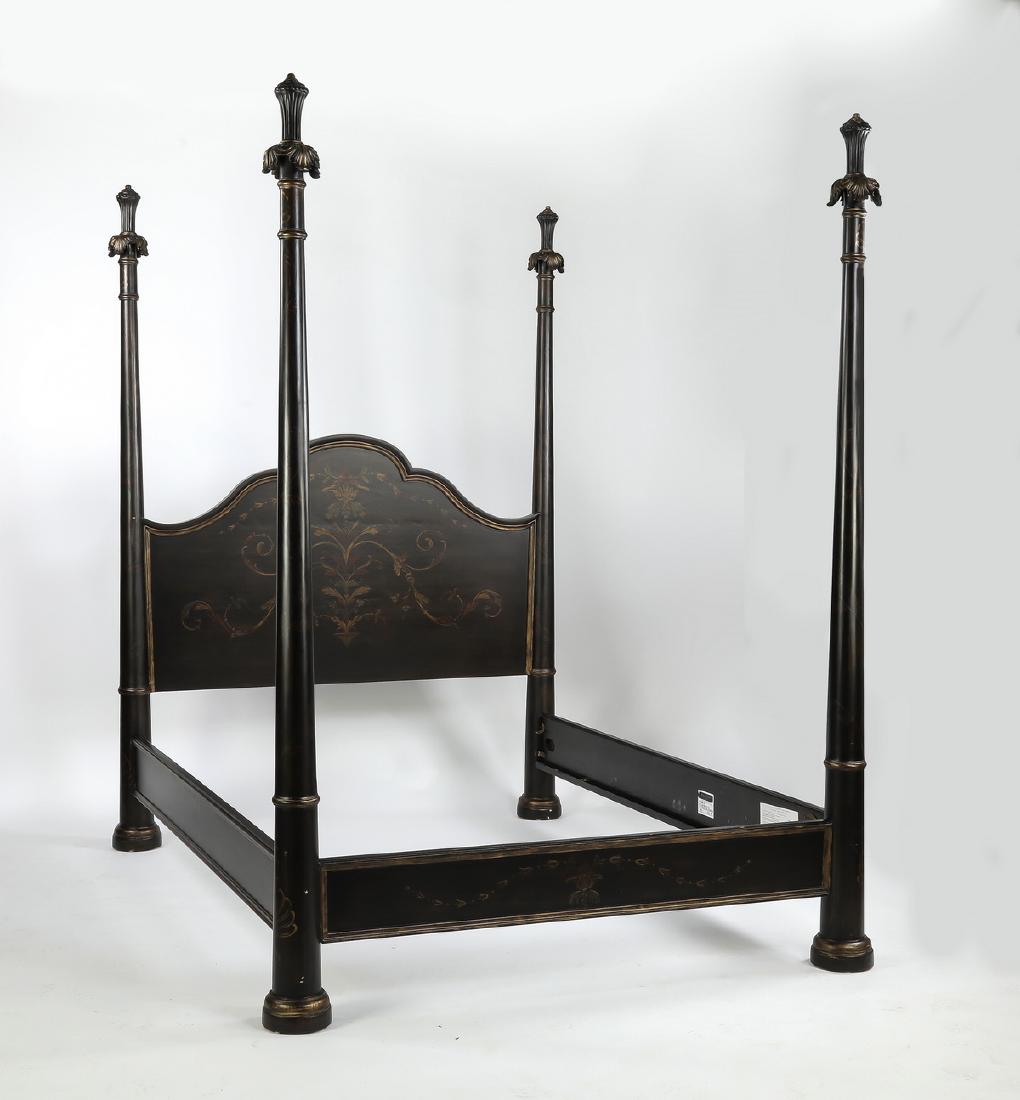 Ferguson Copeland queen size four poster bed: Ferguson Copeland carved and paint-decorated queen size four poster bed, having four tapered posts with acanthus finials, over the scalloped headboard, depicting acanthus scrolls surrounding a cluster