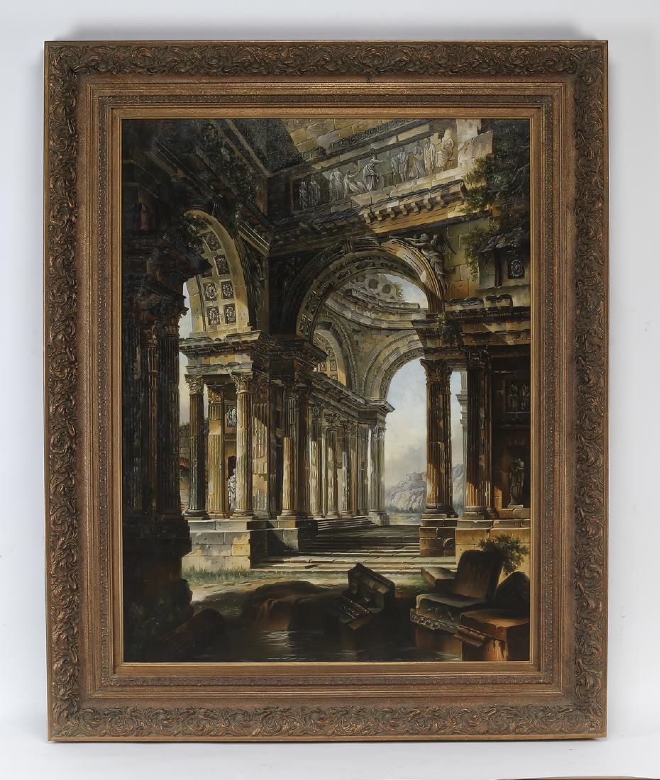 Continental School signed O/c Roman temple interior: Contiental School oil on canvas, depicting the interior of a Roman temple, signed "Maffei" lower right, in a carved and gilt-decorated frame, 47.5"h x 35.5"w, overall size with frame 61.25"h x 49"w x 